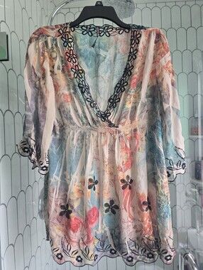 Mushka By Sienna Rose Sheer Floral Tunic with Black Lace Trim